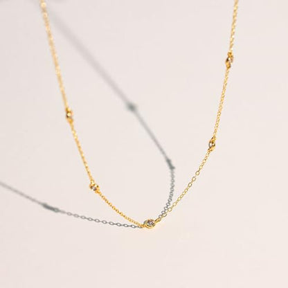 VRIUA Necklaces for Women - 14K Gold/Silver Plated Dainty Chain Necklace with Five Charms: Diamond, Bow, Snowflake, Cross, Flower, Clover, Butterfly, Heart, Star of David, and Star Trendy Jewelry - color: Gold, style: Station