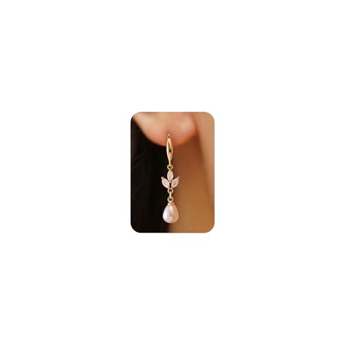 Plenky Pearl Earrings-14K Gold Plated Dainty Pearl Drop Simple Wedding CZ Dangle Dangling Cute Stud Earrings for Brides Earrings for Women Gifts - style: Leaf Pearl Earrings