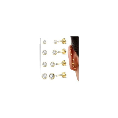 GEMQUEEN 4 Pairs 16G/18G/20G G23 Titanium Implant Grade Nose Studs Threadless Flat Back Earrings Hypoallergenic Flatback 5A CZ Cartilage Helix Tragus Conch Tiny Lip Piercing Jewelry for Women Men - color: Gold 16G(1.2MM)-Bar-6/8MM&CZ-2/3/4MM