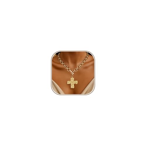 Chunky Gold Necklace for Women Trendy Non Tarnish 14K Gold Plated Paperclip Chain Charm Necklaces Chunky Heart Cross Clover Pearl Pendant Necklace with Toggle Clasp Statement Jewelry Gift for Women - color: F-Cross