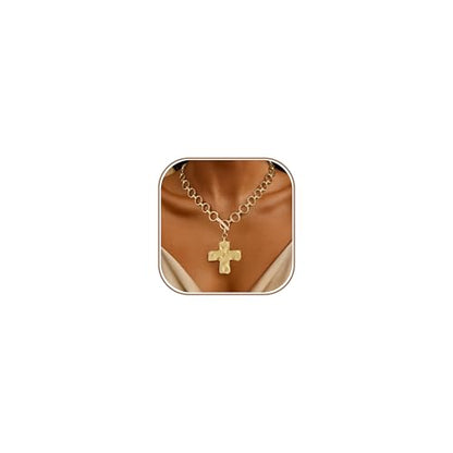Chunky Gold Necklace for Women Trendy Non Tarnish 14K Gold Plated Paperclip Chain Charm Necklaces Chunky Heart Cross Clover Pearl Pendant Necklace with Toggle Clasp Statement Jewelry Gift for Women - color: F-Cross