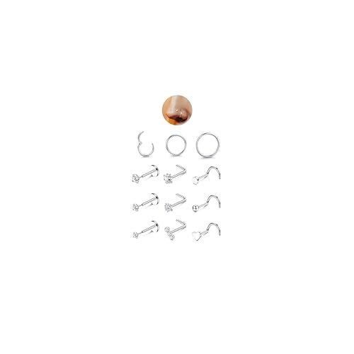 JeryWe 12PCS Nose Rings for Women - Gold Plated Hypoallergenic Surgical Steel Nose Rings Hoops Lip Septum Clicker Ring CZ Screw L Shaped Studs Threadless Flat Back Stud Nostril Piercing Jewelry - color: Steel - Round