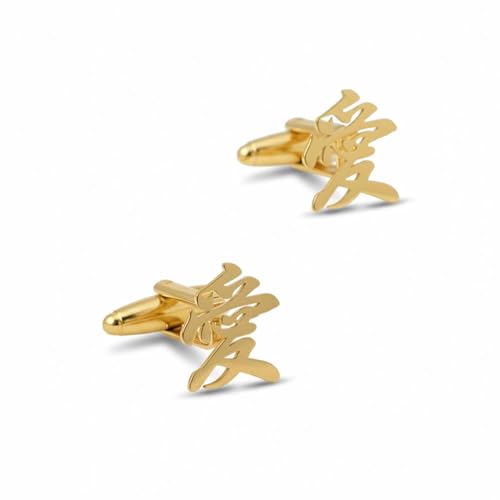 Men’s Chinese Love Symbol Cufflinks – Stainless Steel Cultural-Themed Cuff Links with Gift Box & Polishing Cloth – Available in Silver & Gold - color: golden