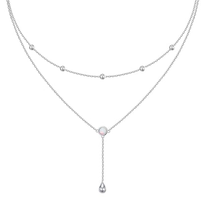 FLYOW Layered Necklace S925 Sterling Silver Y Shaped Jewelry - style: Round White Opal Layered Necklace