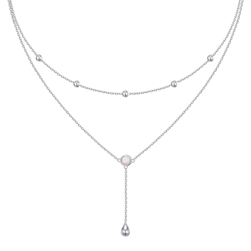 FLYOW Layered Necklace S925 Sterling Silver Y Shaped Jewelry - style: Round White Opal Layered Necklace