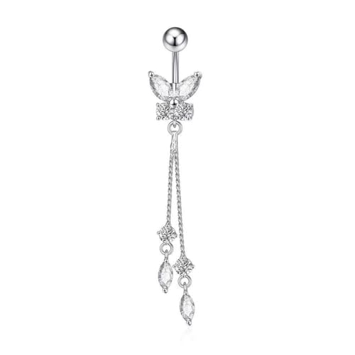 14G CZ Butterfly Tassel Dangle Belly Button Rings for Women Hypoallergenic Stainless Steel Navel Ring 3/8 Inch Belly Piercing Barbell Dainty Navel Piercing Jewelry - color: Silver