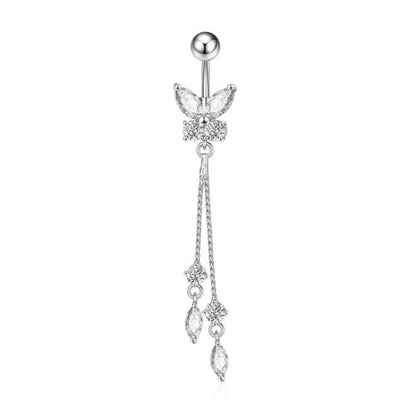 14G CZ Butterfly Tassel Dangle Belly Button Rings for Women Hypoallergenic Stainless Steel Navel Ring 3/8 Inch Belly Piercing Barbell Dainty Navel Piercing Jewelry - color: Silver