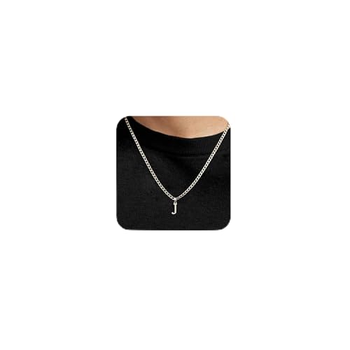 Silver Initial Necklace for Men Letter Pendant Cuban Link Chain | Stainless Steel 4mm 20 Inch Chain Non Tarnish Silver Plated A-Z Capital Name Charm Custom Personalized Jewelry Gift for Man - style: Silver:J