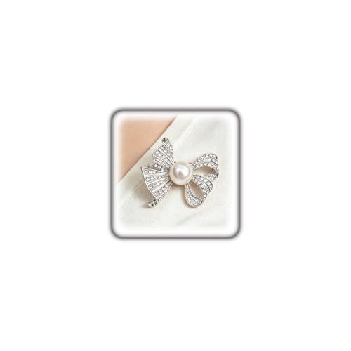 Gold Chunky Textured Bow Brooch Pin for Women, Boho Versatile Crystal Faux Pearl Brooch Vintage Statement Jewelry Clothing Accessories Gifts - color: SilverPearl