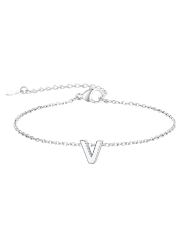 FindChic Initial Bracelets for Women Waterproof Stainless Steel Chain | 14K Gold Plated /Silver Letter A-Z Adjustable Monogram Charm Bracelet Dainty Gift for Women Wife Friend with Gift Box - color: Silver, size: letter V