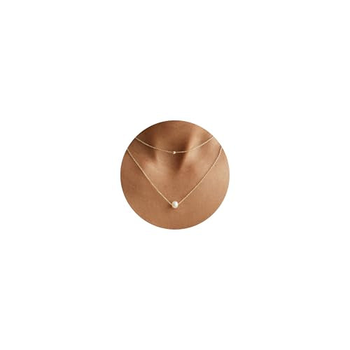 Plenky Pearl Necklaces for Women-14k Gold Plated Layered-Single Pearl Necklace Simple Pearl Choker Necklaces for Women Trendy Cute Gold Necklace Jewelry for Women Gifts - style: Double Gold Pearl Necklace