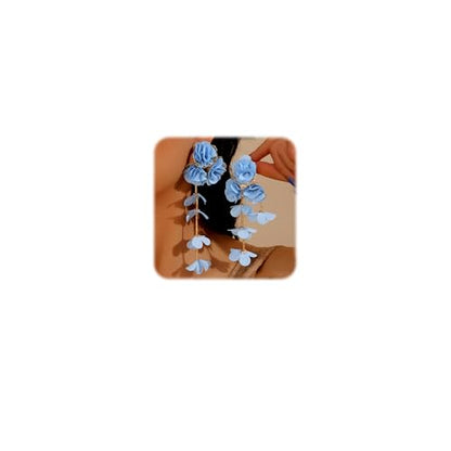 Fabric Flower Earrings for Women Colorful Long Tassel Floral Drop Earrings Fashion Boho Exaggerated Statement Beach Party Jewelry - color: blue