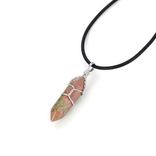 Adabele 1pc Natural Gemstone Bullet Pendant Necklace 18 Inch Crystal Stone Quartz Reiki Chakra Energy Rock PU Leather Cord Necklace Waterproof Women Jewelry - color: Unakite Jasper