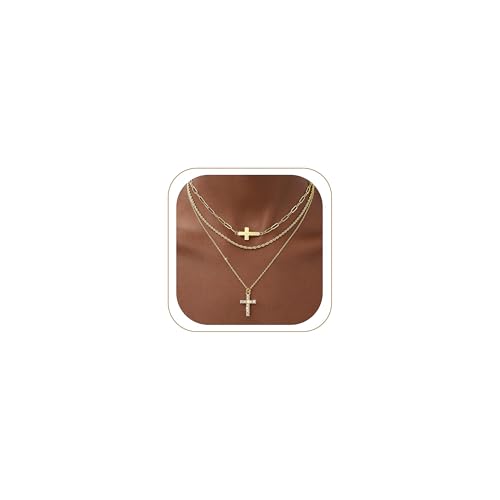 3pcs Gold Cross Necklace for Women, Layered Necklace | 14K Gold Plated Cross Necklaces, Cubic Zirconia Layered Necklace for Women Adjustable Stackable Necklaces Jewelry Set Gift