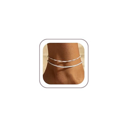 Ritach Gold/Silver Ankle Bracelets for Women 14K Gold Anklets for Women Waterproof Cuban Link Heart Bead Anklets Set Layered Anklet Bracelets for Women Gold Jewelry Gift - color: silver chain