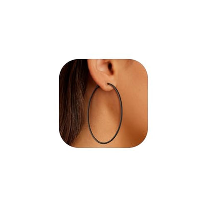 FOCALOOK 14K Gold Plated Lightweight Large Hoops| 2mm Thin Hoop Earrings for Women 30/40/50/70/100mm - color: 01.Black, size: 70mm