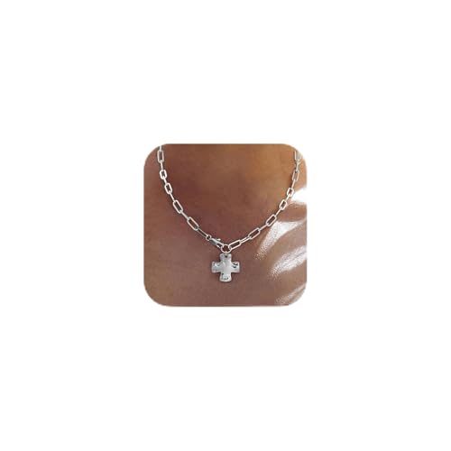 Bheop Chunky Cross Necklace for Women, 14K Gold Silver Statement Necklace | Sturdy Paperclip Chain, Hammered Pendant, Vintage Charm, Trendy Costume Jewelry, Faith Christian Religious Gift, Non Tarnish - style: SL-Cross Necklace(1 inch Pendant)