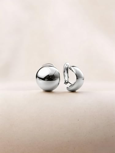 FAN&LOUIS Gold Ball Clip On Earrings, 24K Gold Plated Chunky Half Ball Earrings for Women Non-Pierced Ears Trendy Lightweight Hypoallergenic Clip-On Earrings - style: Silver