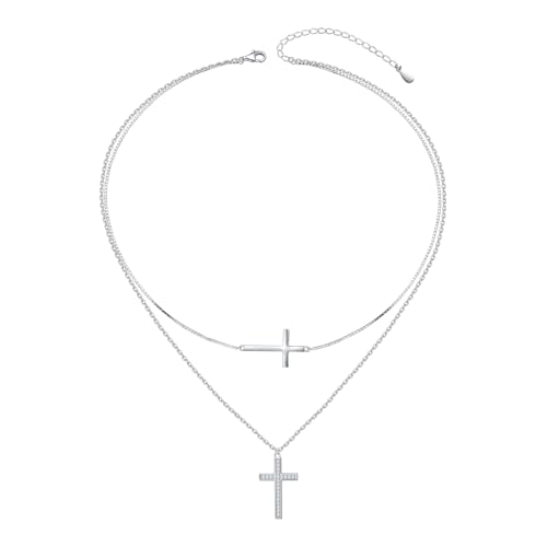 Yearace Choker Necklaces for Women S925 Sterling Silver Sideways Cross/Butterfly/Handcuffs/Infinity Interlocking/Chakra Choker Necklace Dainty Sideways Cross Necklace Jewelry Gift - style: Layered Cubic Zirconia Cross 18+16+2''