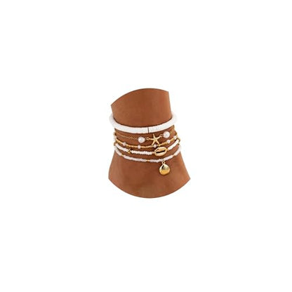 Fesciory Shell Ankle Bracelets for Women, Gold Plated Boho Beach Anklet Set | Adjustable Pearl Bead Anklet Set with Starfish, Conch and Seashell Charms for Beach Outfits, Vacations, Parties and Gifts - color: Gold-7
