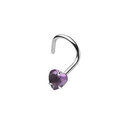 BodyJewelryOnline 316L Surgical Steel 18G Screw Nose Stud Ring Prong Set 3mm Heart Shaped CZ Nose Screw Nostril Piercing Jewelry 1/4 Inch (6mm) - color: Purple