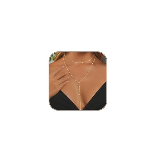 HERIER Lariat Gold Necklace for Women, Dainty Long Necklace 14k Gold Plated/Silver Y-Shaped Layered Beaded Chain Drop Necklaces for Women Trendy Simple Gold Jewelry for Women Gifts - color: Y Layered Pearl Necklace-Gold