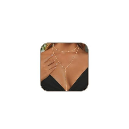 HERIER Lariat Gold Necklace for Women, Dainty Long Necklace 14k Gold Plated/Silver Y-Shaped Layered Beaded Chain Drop Necklaces for Women Trendy Simple Gold Jewelry for Women Gifts - color: Y Layered Pearl Necklace-Gold