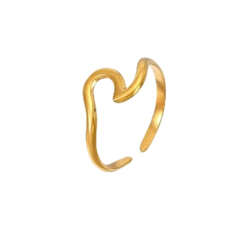 18K Gold Plated Adjustable Rings for Women, 316L Stainless Steel Open Band Gold Jewelry Collection, Hypoallergenic Size 6-9 Adjustable Stackable Rings, Tarnish Free Trendy Gift for Her - color: Wave Heart