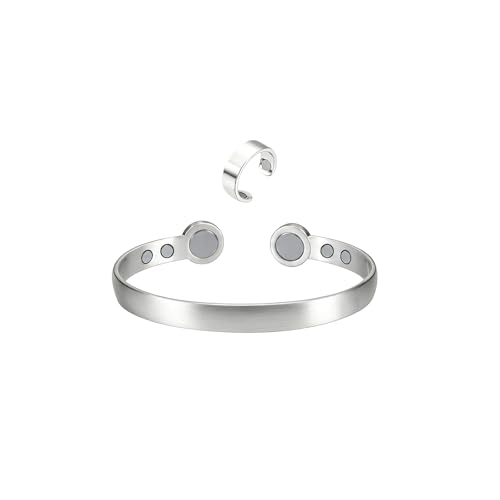 Calming Bracelet Ring Set for Women, Menopause Bracelets Adjustable Bangle Stainless Steel Cuff Climacterium Anxiety Stress Relief Energy Open Jewelry Gift - color: Silver PRO + Silver