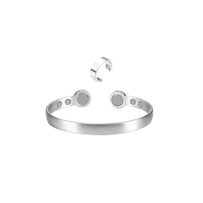 Calming Bracelet Ring Set for Women, Menopause Bracelets Adjustable Bangle Stainless Steel Cuff Climacterium Anxiety Stress Relief Energy Open Jewelry Gift - color: Silver PRO + Silver