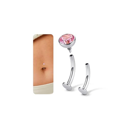 Upgraded Wearability Floating Belly Button Ring, G23 Titanium Internally Threaded Belly Button Piercing 14G, Curved Barbell Belly Rings, Pink Clear CZ Navel Rings with 10mm and 12mm Bar, Silver Gold Plated - color: Silver,Pink CZ