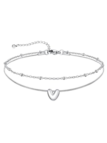 U7 Silver Gold Initial Ankle Bracelets for Women Waterproof,14K Gold Plated Initial Anklets No Tainish,Adjustable Women's Anklet Layered Ankle Summer Beach Foot Jewelry - color: Silver