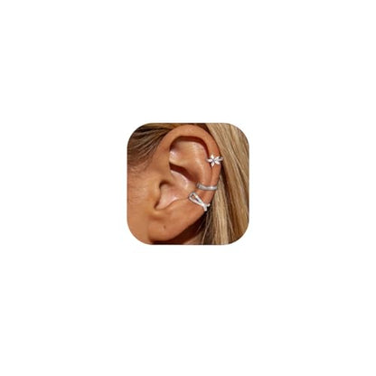 Ear Cuff Earrings for Women Non Piercing Helix Cartilage Clip on Ear Cuffs 14K Gold Plated & Sterling Silver Stainless Steel Hypoallergenic Huggie Hoop Fake Earring Set Jewelry Gift - color: K1-Floral Cuff Set Silver
