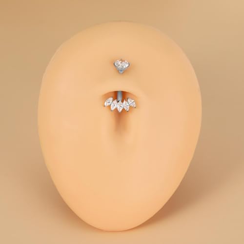 Gold Belly Button Ring, Titanium Dangle Floating Navel Piercing Jewelry - color: Silver-Leaf-10mm