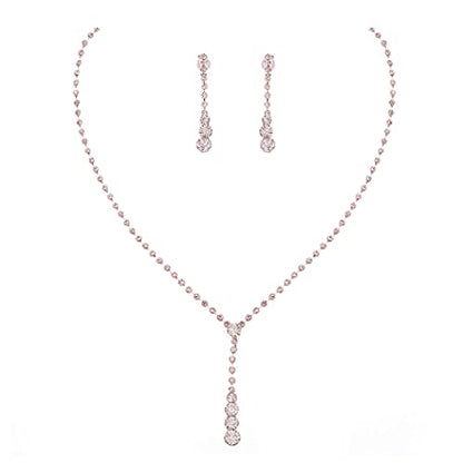 Yean Silver Bridal Jewelry Set Rhinestone Wedding Necklace and Earring Set Prom Jewelry for Women and Bride - color: Rose Gold