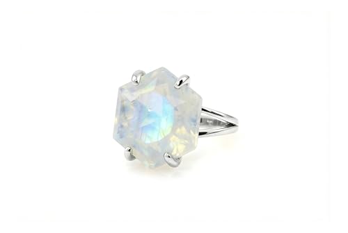 Hexagon Cut Rainbow Moonstone Ring – 14k Gold June Birthstone Gemstone Ring for Women – Handmade Geometric Crystal Jewelry with Natural Blue Flash