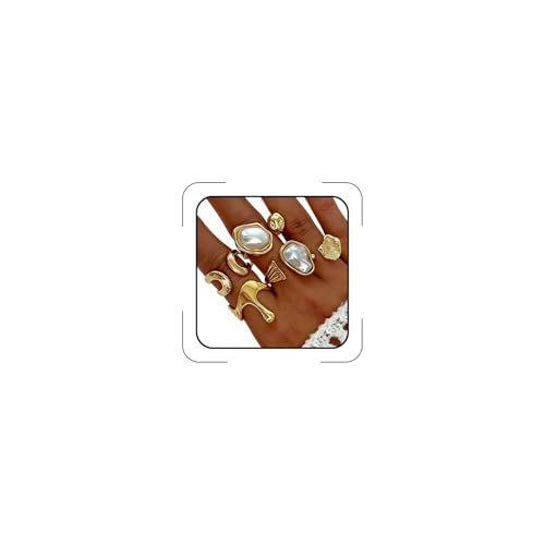 CSIYANJRY99 Gold Silver Rings Set for Women Trendy Irregular Chunky Gold Ring Baroque Pearl Rings Stackable Statement Knuckle Ring Jewelry - color: C-Gold