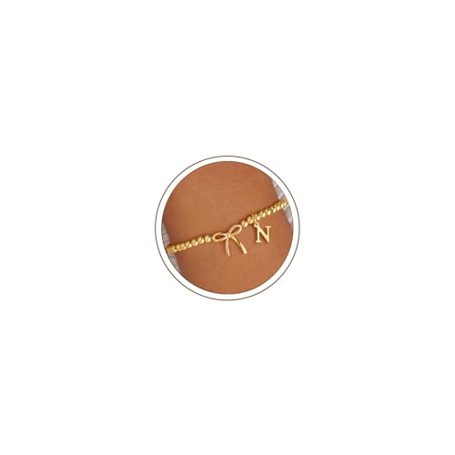 M MOOHAM Bow Initial Bracelets for Women Girls, Letter A-Z Beaded Bracelet | 14K Gold Plated, Bow Bracelets for Girls, Gold Bracelet, Beaded Initial Bracelet, Birthday Gift for Teen Girl Jewelry - color: N