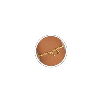 M MOOHAM Bow Initial Bracelets for Women Girls, Letter A-Z Beaded Bracelet | 14K Gold Plated, Bow Bracelets for Girls, Gold Bracelet, Beaded Initial Bracelet, Birthday Gift for Teen Girl Jewelry - color: N