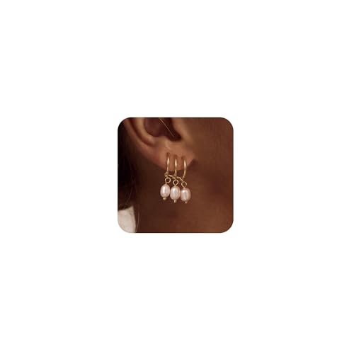 Robaice Pearl Earrings for Women, 14K Gold Plated Dangle Drop Earrings | Small Pearl Drop Huggie Hoop Earrings, Hypoallergenic Dainty Gold Earrings, Wedding Jewelry Gifts for Women Trendy - style: triple huggie pearl earrings