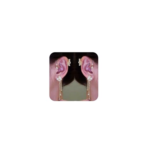 Butterfly Ear Cuff Earrings Sparkly Silver Butterfly Flower Tassle Ear Wrap Earrings Fairy Right Left No Piercing Ear Clip On - color: Gold