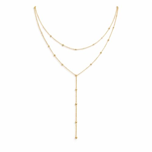14K Gold Plated Y Necklace for Women – Dainty Lariat Long Pendant Chain, Layered Drop Necklace for V Neck Dress, Simple Sexy Cleavage Jewelry Gifts for Women - color: Gold - Double Layer - Bead