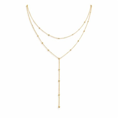 14K Gold Plated Y Necklace for Women – Dainty Lariat Long Pendant Chain, Layered Drop Necklace for V Neck Dress, Simple Sexy Cleavage Jewelry Gifts for Women - color: Gold - Double Layer - Bead
