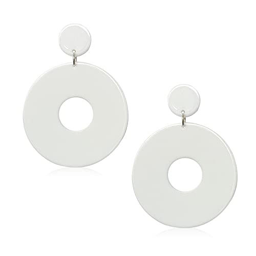 Unique Minimalist 80s 90s Boho Black White Huge Acrylic Hollow Round Dangle Drop Earrings Hypoallergenic Resin Geometric Stud Earrings for Women Summer Holiday Party Jewelry (White)