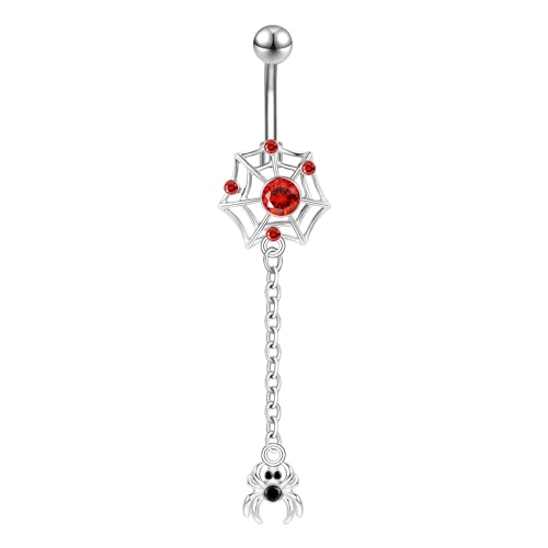 14G Surgical Stainless Steel Dangle Belly Button Rings for Women Belly Ring Dangling Piercing Jewelry CZ Snake lizard Skull Spider bat Halloween Party Punk Rock - style: Silver Spider