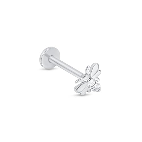 14K Solid Gold Cute Bumblebee Flat Back Stud Earring Internally Threaded Cartilage Earring for Helix, Tragus & Lobe Nose Ring Hypoallergenic Comfy Minimalist Stud Earring SINGLE or PAIR - color: C - White Gold - Single, size: Post Length: 6.5mm