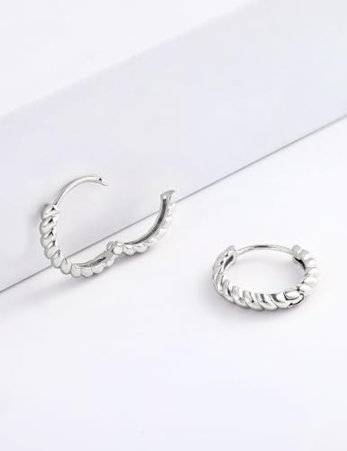 Fiusem 14K Gold Plated Huggie Hoop Earrings for Women | 8/10/12 Hypoallergenic Small Twisted beaded Huggie Earrings - color: Silver Twisted, size: 10MM