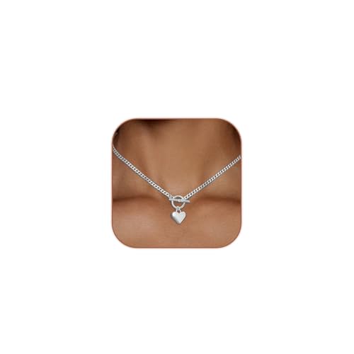 HERIER Cute Heart Necklace Dainty 18k Gold Plated Tiny Heart Pendant Choker Necklaces Small Gold Love Open Heart Chain Necklace for Women Simple Gold Necklace for Women Trendy Jewelry - color: Chunky Puffy Heart Necklace-Silver