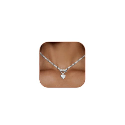 HERIER Cute Heart Necklace Dainty 18k Gold Plated Tiny Heart Pendant Choker Necklaces Small Gold Love Open Heart Chain Necklace for Women Simple Gold Necklace for Women Trendy Jewelry - color: Chunky Puffy Heart Necklace-Silver