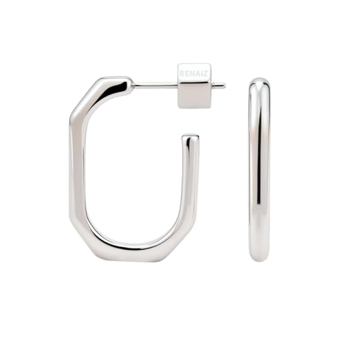 RENAIZ Dainty Lightweight Hoop & Stud Earrings for Women – 14K Gold Plated & Rhodium Plated, Minimalist Geometric Hypoallergenic Jewelry, Tiny Dainty Everyday Studs and Hoops - color: White Gold, style: Hexagon